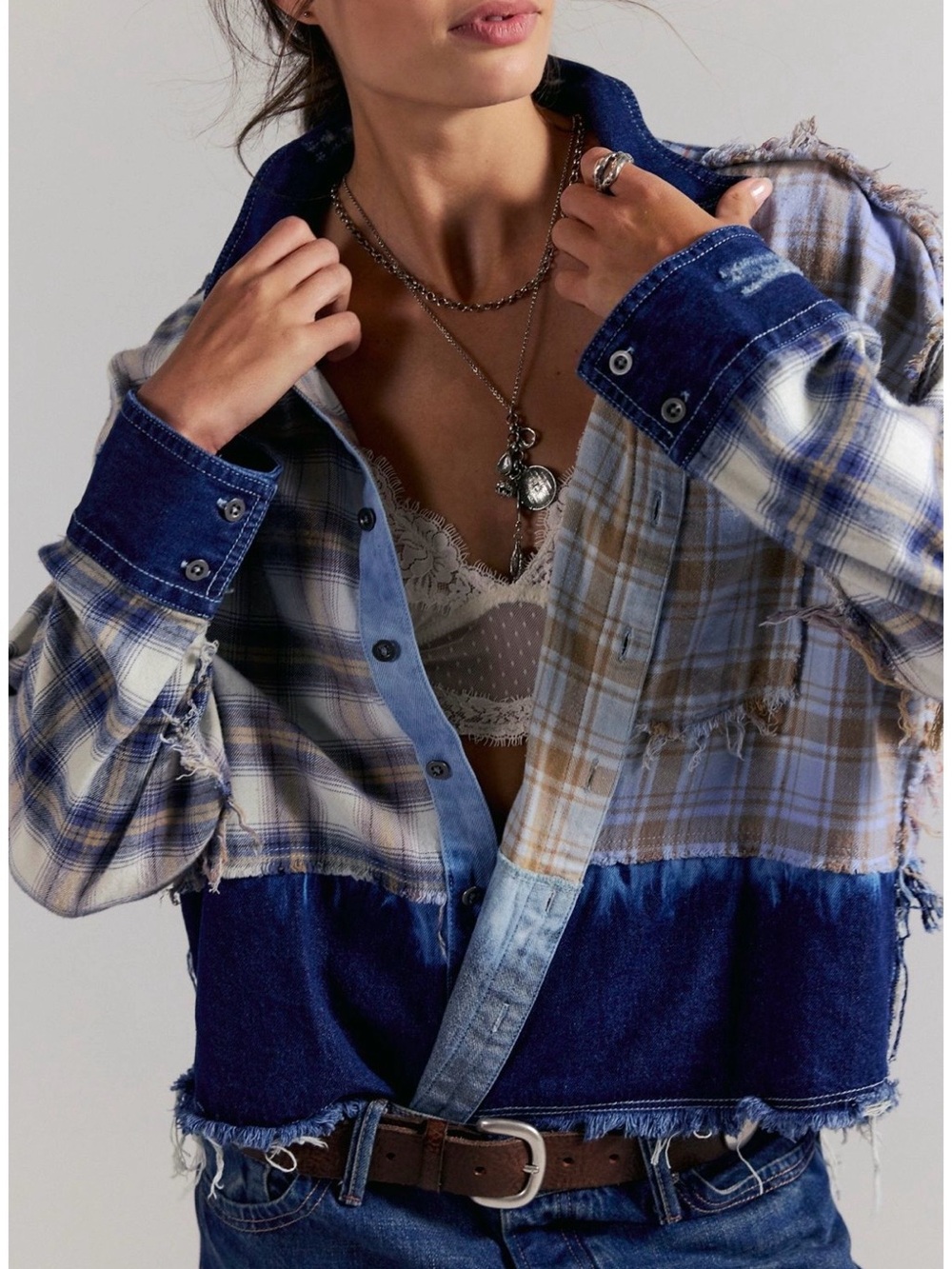 Free People The Tales Mixed Denim Plaid Denim Button Down NWT XS